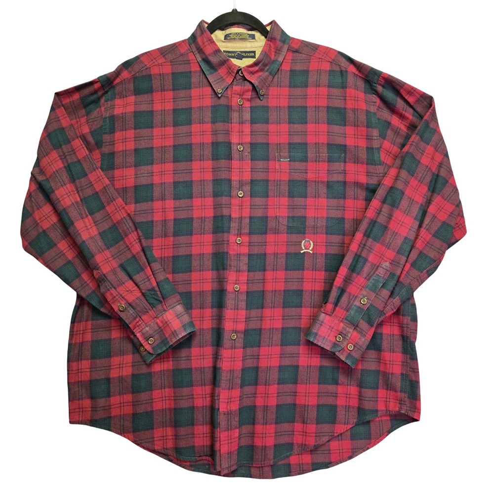 Tommy Hilfiger Plaid Button Up Shirt XL Red Y2K Flannel Crest Logo Long Sleeve